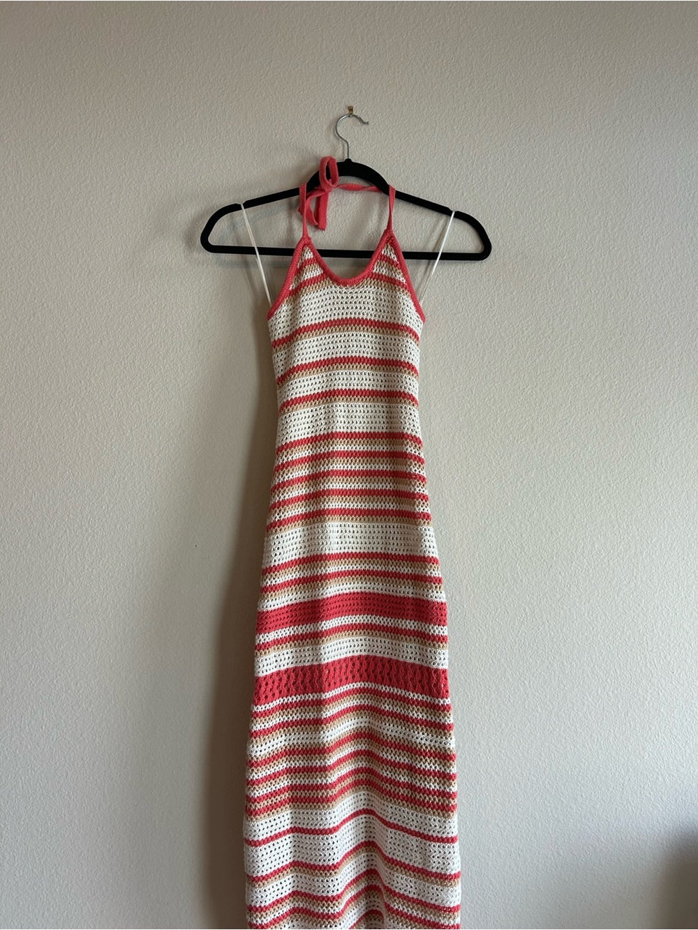 Striped Crochet Halter Maxi Dress in White and Coral